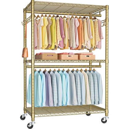 P1 Plus Rolling Clothes Rack, 22mm Diameter Heavy Duty Garment Rack | Clothing Rack with Wheels, Portable Closets with Shelves and Hanger Rods, 45"W x 17.7"D x 80.5"H, Load 524lbs, Gold - color: Gold, size: P1 Plus