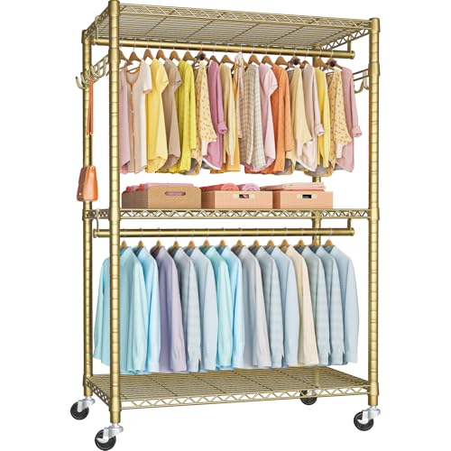 P1 Plus Rolling Clothes Rack, 22mm Diameter Heavy Duty Garment Rack | Clothing Rack with Wheels, Portable Closets with Shelves and Hanger Rods, 45"W x 17.7"D x 80.5"H, Load 524lbs, Gold - color: Gold, size: P1 Plus