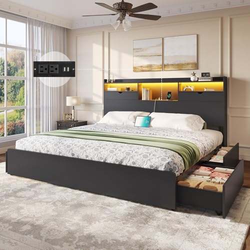 DICTAC California King Bed Frame with Storage Headboard and 4 Underneath Drawers, Black Platform Bed with LED Lights and Charging Station, Heavy-Duty Metal Slats, No Box Spring Needed, Quiet & Sturdy - color: Classic Black, size: California King