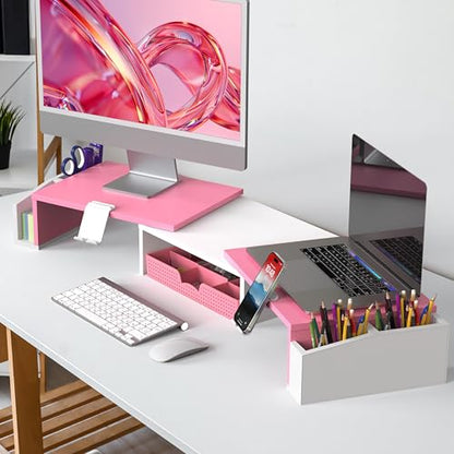 Simple Houseware Desk Dual Monitor Stand Riser with Drawer, Pink | Customizable Organizer Tray, Built-In Phone & Tablet Slot and Side Storage - color: Pink