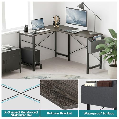 OLIXIS L Shaped Desk, Gaming Desk, Corner Table 50 Inch | Side Bag, Reversible Shelf, Home Work Study Writing, PC Workstation, Easy Assembly, Grey