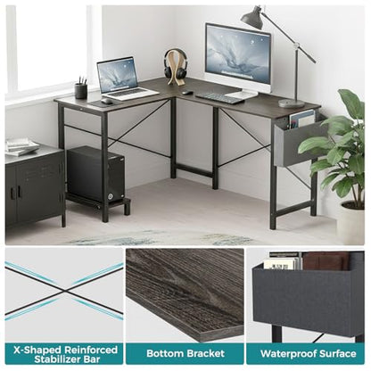 OLIXIS L Shaped Desk, Gaming Desk, Corner Table 50 Inch | Side Bag, Reversible Shelf, Home Work Study Writing, PC Workstation, Easy Assembly, Grey