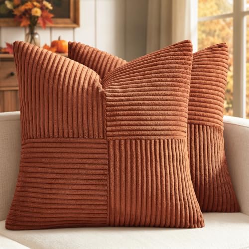 MIULEE Fall Rust Boho Decorative Throw Pillow Covers for Couch 18x18 Inch | 2 Pack, Boho Farmhouse Pillow Covers, Soft Cross Corduroy Patchwork Textured Cushion Cases For Bed Sofa - color: Rust, size: 18" x 18" (Pack of 2)