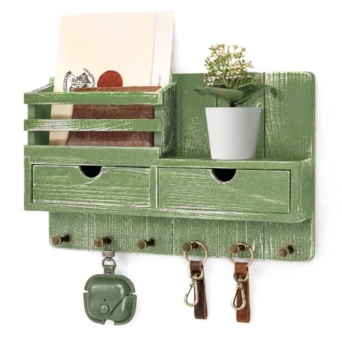 Rebee Vision Key Holder Wall Mount with 2 Drawers for Home Decor, Green | Mail Organizer for Wall, 6 Key Hooks, Drawer Organizer, Letter Storage, Plant Display, Apartment Essentials for Aesthetic - color: Green