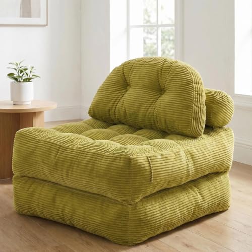 Convertible Corduroy Floor Sofa, 3-in-1 Folding Lazy Sofa Bed with Adjustable Backrest, Soft Bean Bag Chair Lounger for Living Room, Bedroom, Guest Room, Oversized Sleeper Chair - color: Green, size: Single
