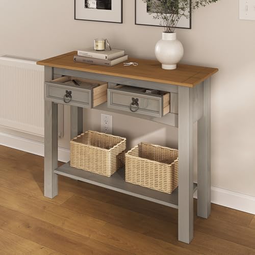 Solid Wood Hall Table Console 34.49" W, 12.64" D, 28.82" H - Farmhouse Entryway Table with 2 Drawers, Office Hallway Foyer, Wooden Storage, Cupboard Console Table - color: Grey