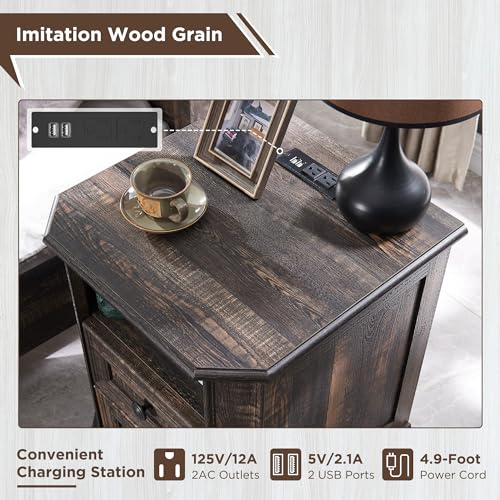 T4TREAM Farmhouse Nightstand with Charging Station, 18" End Table with 2 Drawers, Wood Side Table, Bedside Cabinet for Bedroom, Living Room (Dark Rustic Oak) - color: Dark Rustic Oak