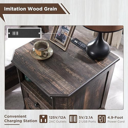 T4TREAM Farmhouse Nightstand with Charging Station, 18" End Table with 2 Drawers, Wood Side Table, Bedside Cabinet for Bedroom, Living Room (Dark Rustic Oak) - color: Dark Rustic Oak
