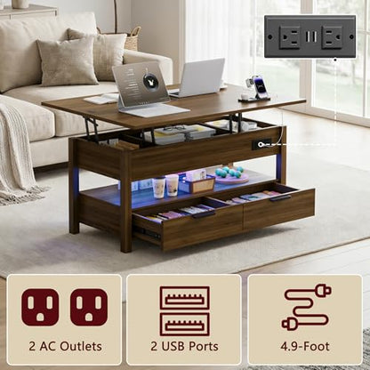 40" Lift Top Smart Coffee Table for Living Room | Power Outlets, LED Lights, Lifting Top, Storage Drawers & Compartments, for 4-6 People, Walnut - color: Walnut