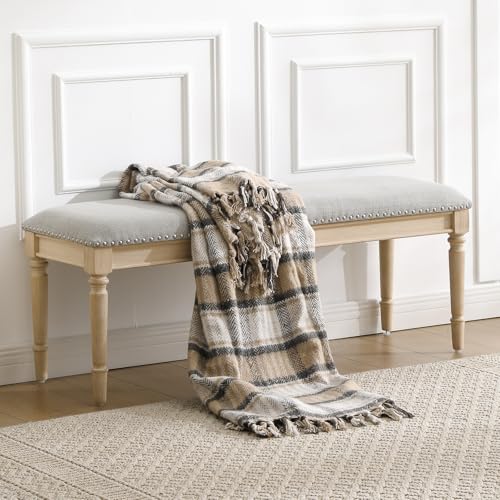 46'' French Country Entryway Bench Wooden Linen Fabric Upholstered Seat Dinng Bench with Nailhead Trim for Hallway End of Bed, Grey - color: Linen, Grey, Nailhead Trim