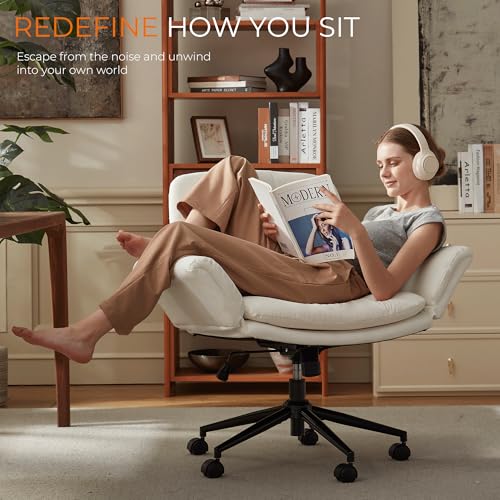 Dowinx Criss Cross Chair with Five-Level Adjustable Arms and Wheels - Comfortable Ergonomic PU Leather Swivel Vanity Chair - Computer Makeup Chair for Home Office, Bedroom, Vanity Room -Milk White - color: Milk White