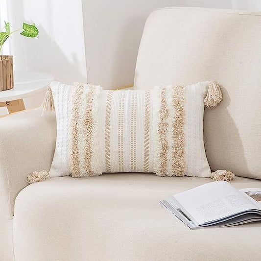 decorUhome Khaki and Cream White Throw Pillow Cover 12x20 Pack of 1 | Decorative Boho Lumbar Accent Pillow Cover Neutral Modern Farmhouse Tufted Textured Pillow Cover for Couch Bed Sofa - color: Khaki and Cream White, size: 20" x 12" (Pack of 1)