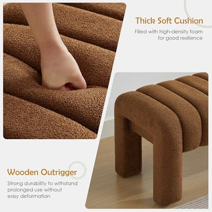 63" Bedroom Bench, Upholstered Entryway Bench, Modern End of Bed Ottoman with Solid Wood Legs and Adjustable Foot Pegs for Entryway, Dining Room and Living Room (Rust Brown Boucle) - color: Rust Brown Boucle, size: 63"