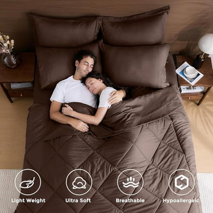 7-Piece Oversized Queen Comforter Set, Brown | Reversible, All-Season, Soft, 7 Piece Set, All-Season Reversible Bed in a Bag, Flat Sheet, Fitted Sheet, Pillowcases - color: Brown, size: Oversized Queen