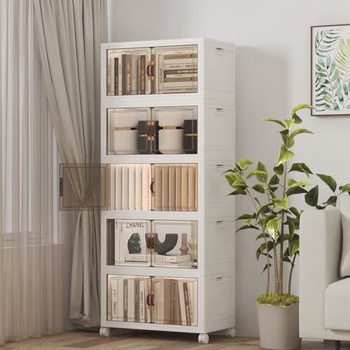 260QT Stackable Storage Bins with Lids,Doors & Wheels | Closet Organizers and Storage Cabinet, Lockable Plastic Foldable Drawers for Bedroom Dorm Office Garage（52QT*5,White） - color: White, size: 19.7"L