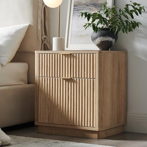 T4TREAM 23'' Fluted Nightstand with Charging Station, Modern, Natural Oak | Large 2 Drawer, Curved Profile, Mid-Century, Bedside Table with Storage, End Table for Living Room, Bedroom, Side Table - color: Natural Oak