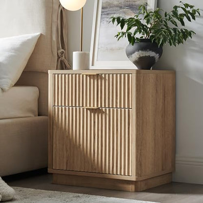 T4TREAM 23'' Fluted Nightstand with Charging Station, Modern, Natural Oak | Large 2 Drawer, Curved Profile, Mid-Century, Bedside Table with Storage, End Table for Living Room, Bedroom, Side Table - color: Natural Oak
