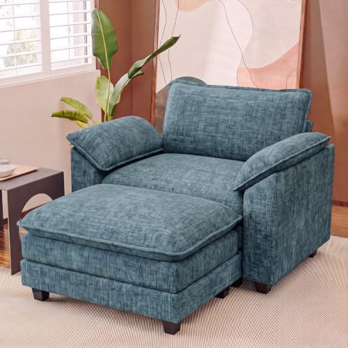 JUMMICO 40" Chaise Lounge Chair with Ottoman, Single Sofa Chair, Dark Blue | Comfy Chenille, Double Layer Cushion, Wide Armrest, Deep Seat, High-Density Foam, Reading Chair for Living Room - color: Dark Blue, size: Single Sofa Chair