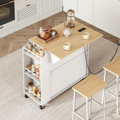 Kitchen Island with Power Outlets & Drop Leaf, Rolling Kitchen Cart on Wheels, Kitchen Storage Island with Spice Rack and Drawer, Mobile Island Table for Kitchen, Dinning, White and Natural - color: White + Natural