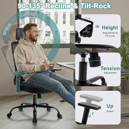Ergonomic Office Chair, 330LBS Computer Chairs High Back with Adjustable Lumbar Support, Breathable Mesh Desk Chair Ergonomic with Thickened Cushion, Comfy Home Office Desk Chair, Black - color: Black