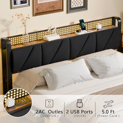 King Size Bed Frame with Storage Shelf and Upholstered Headboard | Metal Platform Bed with LED Light, Charging Station and Heavy Duty Slats, No Box Spring Needed, Noise Free & Easy Assembly - size: King, style: Bed Frame