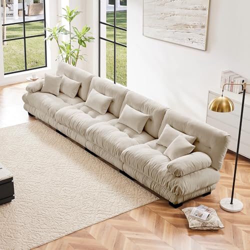 Modular Sectional Sofa for Living Room,173" Comfy Cloud Couch,4 Seater Beige Large Sectional Couches with Round Bolster Armrests,Fluffy Couch Set with Deep Seat - color: Chenille Beige, size: 4-Seat