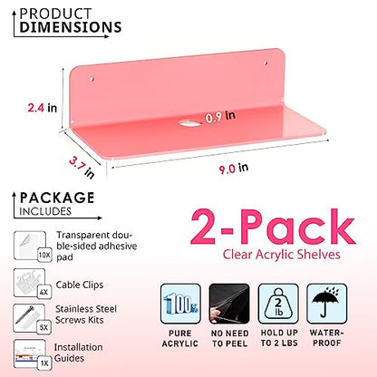 OAPRIRE Pink Acrylic Floating Shelves Set of 2 - Easily Expand Wall Space - Small Wall Shelf with Strong Adhesive for Bedroom, Kids' Room, Bathroom, etc - color: Pink