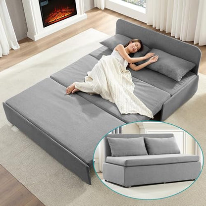 BALUS 64" W Queen Size Pull Out Sleeper Sofa Bed Pull Out Couch -Light Grey | 2 in 1 Convertible Bed, Linen Loveseat Sofa, with Pillow and Tri-fold Mattress,Loft Sofa for Small Space - color: Light Grey, size: Queen