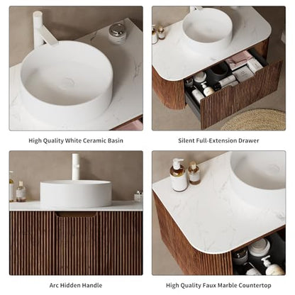 24” Floating Bathroom Vanity with Sink, Fluted Wall-Mounted Solid Wood Cabinet, White Ceramic Round Basin, Faux Marble Top, Soft-Close Drawer, Pre-Assembled, Walnut Woodgrain - color: 04 - Walnut Woodgrain, size: 24"