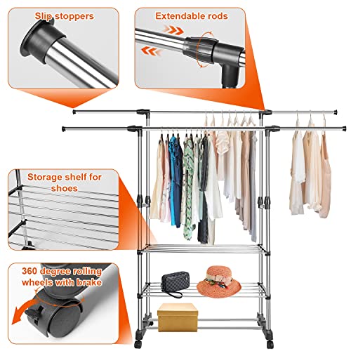 Double Rods Clothes Rack, Stainless Steel Extendable Clothing Garment Hanging Rack Shoe Display Organizer with Rolling Wheels Hold up to 77LBS - size: 59.1"D x 16.1"W x 57.1"H