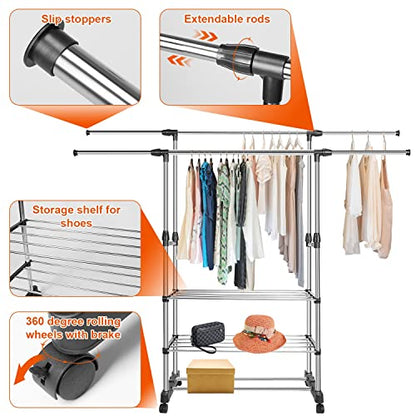Double Rods Clothes Rack, Stainless Steel Extendable Clothing Garment Hanging Rack Shoe Display Organizer with Rolling Wheels Hold up to 77LBS - size: 59.1"D x 16.1"W x 57.1"H