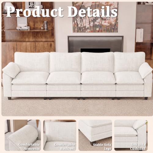JUMMICO 159" Sectional Couch, Modular Cloud Sofa, White | Comfy Chenille, 4 Deep Seats, High-Density Foam, Double Layer Cushions, Oversized Linear Sofa for Living Room and Apartment - color: White, size: Linear Sofa
