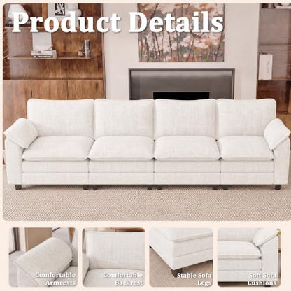 JUMMICO 159" Sectional Couch, Modular Cloud Sofa, White | Comfy Chenille, 4 Deep Seats, High-Density Foam, Double Layer Cushions, Oversized Linear Sofa for Living Room and Apartment - color: White, size: Linear Sofa