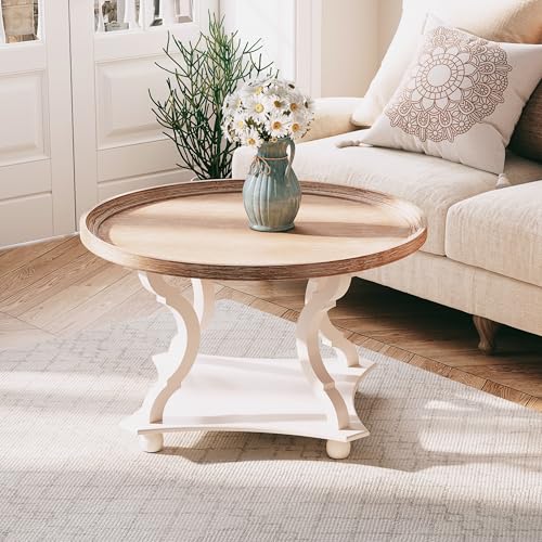 Round Farmhouse Coffee Table with Handmade Finish, Wood Tray Top Rustic Coffee Table for Added Thickness, Accent Table with Storage for Living Room, Small Place, White, Circle - size: 1-Pack Coffee Table