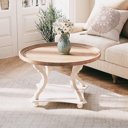 Round Farmhouse Coffee Table with Handmade Finish, Wood Tray Top Rustic Coffee Table for Added Thickness, Accent Table with Storage for Living Room, Small Place, White, Circle - size: 1-Pack Coffee Table