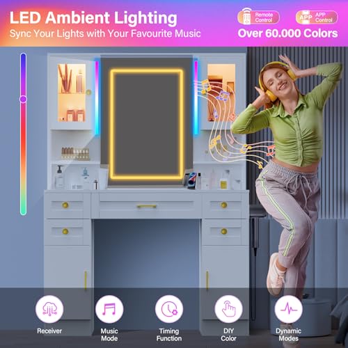 Vanity Desk with Mirror and LED Lights & Power Outlet | Large Makeup Vanity Table with 5 Drawers and 4 Storage Cabinets, White Dressing Table for Bedroom - size: 049 Soft White