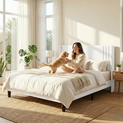 Gizoon Full Bed Frame with Wingback Headboard, Upholstered Platform Bed | Bed Frame with Padded Headboard,Wooden Slats, Noise-Free, No Box Spring Needed, Easy Assembly,White - color: White, size: Full