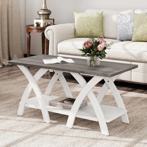 Giantex Farmhouse Coffee Table, 2-Tier Wood Center Table with Storage Shelf & X-Shaped Support Legs, 40 Inch Rectangular Living Room Table with Open Display Area for Small Space (Grey Oak&White) - color: Grey Oak & White