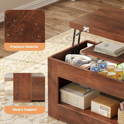 UNIQUITE 40" Lift Top Coffee Table, 4 in 1 Multi-Function Lift Coffee Tables with Storage and Hidden Compartment, Convertible Wood Coffee Tables to Dining Table for Living Room, Walnut - color: Walnut