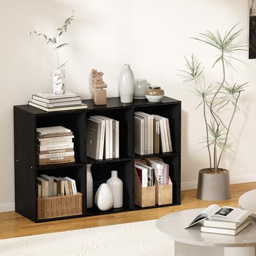 6 Cube Bookshelf with Closed Back Panel, 13.5-inch Wooden Cubby Shelves Heavy Duty - Bookcase for Living Room, Home, Office (Black) - color: Black, size: 6 Cube-13in