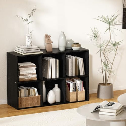 6 Cube Bookshelf with Closed Back Panel, 13.5-inch Wooden Cubby Shelves Heavy Duty - Bookcase for Living Room, Home, Office (Black) - color: Black, size: 6 Cube-13in