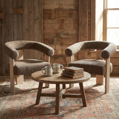 VKNOW Barrel Accent Chairs Set of 2 with Armrests and Rubberwood Legs | Mid Century Modern Upholstered Living Room Chairs with Open Back, Chenille Fabric, arm chair for Living Room, Bedroom, Brown - color: Brown, size: Set of 2