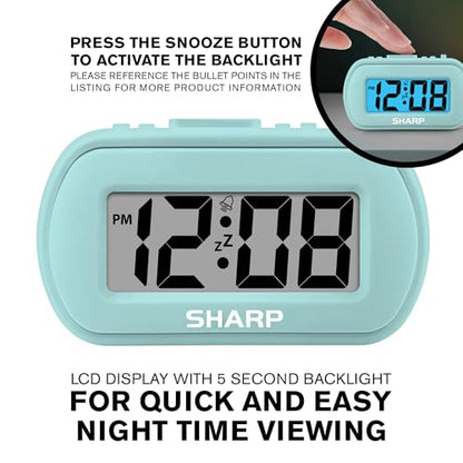 Sharp Battery Alarm Clock with Soft-Touch Case and Blue Backlight, Mint | Soft-touch rubberized case; Battery operated; Blue backlight on demand; Ascending alarm; Snooze; Easy to use - color: Mint