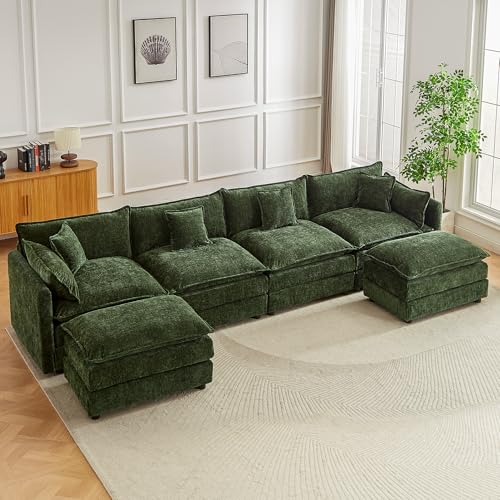 Modular Sectional Sofa, 147.2 Inch U Shaped Couch Set with Armrests, 4-Seater Comfy Cloud Couches with Movable Ottoman for Living Room Apartment, Green - color: Green, size: 147.2'' - U Shape