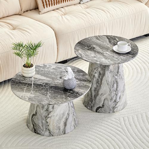 Faux Marble Coffee Table Set of 2, Modern Nesting Tables with Gray and Brown Marble Texture & Sturdy Cone Base, Round Layered Low Profile Accent Tables Ideal for Living Room, APT, Small Space - color: Gray Nesting Coffee Table