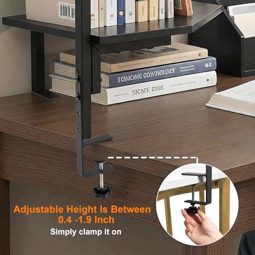 2-Tier Clamp on Desk Shelf Adjustable Desktop Storage Desk Rack | Wood Clamp on Desk Organizer Shelf, Floating Corner Shelf for Desk Accessories and Gaming Devices