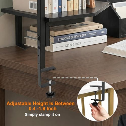 2-Tier Clamp on Desk Shelf Adjustable Desktop Storage Desk Rack | Wood Clamp on Desk Organizer Shelf, Floating Corner Shelf for Desk Accessories and Gaming Devices