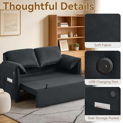 63" 3-in-1 Velvet Convertible Sleeper Sofa Bed, Modern Adjustable Backrest Loveseat Pull Out Couch with USB & Side Pocket, Small Space Love Seat Sofa Bed for Living Room, Bedroom, Dark Grey Velvet - color: Dark Grey