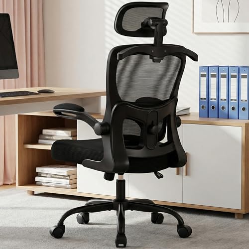 Office Chair-Ergonomic Desk Chair with Hidden Hanger & Flip-Up Arms, High Back Mesh Computer Chair with 2D Headrest & Adjustable Lumbar, Comfy Rolling Task Chair for Home Work Gaming, Black - color: Black