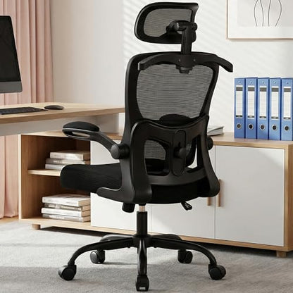 Office Chair-Ergonomic Desk Chair with Hidden Hanger & Flip-Up Arms, High Back Mesh Computer Chair with 2D Headrest & Adjustable Lumbar, Comfy Rolling Task Chair for Home Work Gaming, Black - color: Black